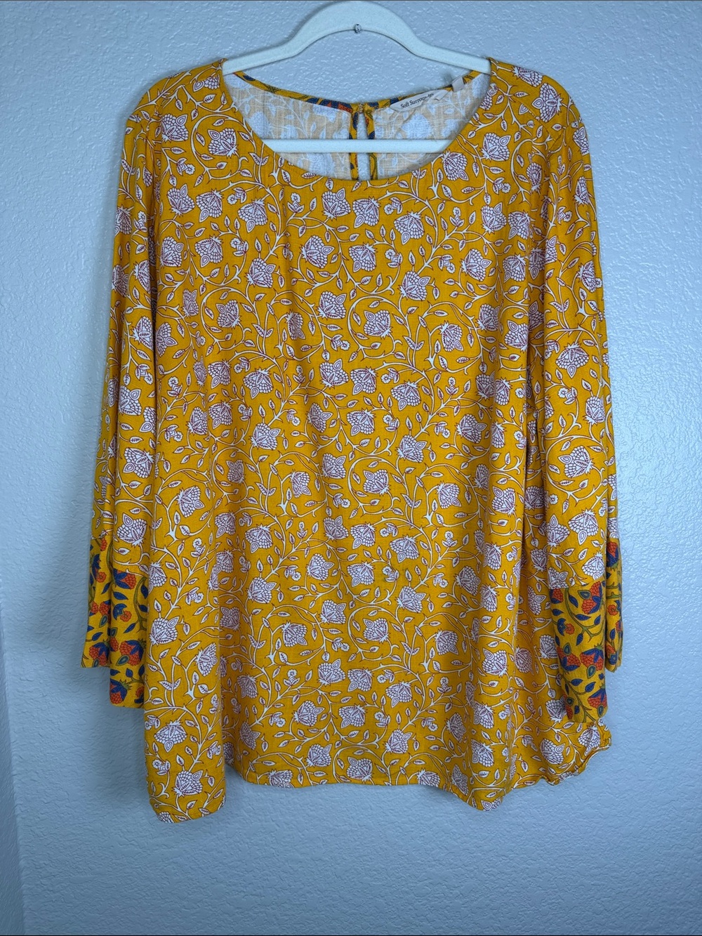 Soft Surrounding Women's Yellow Mustard Linen Blend Floral Tunic Blouse Size 3X